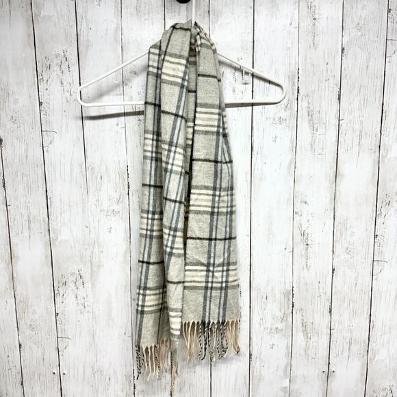Cashmink by V. Fraas Scarf Unisex Grey Plaid Casual Winter Frayed End Striped - Picture 1 of 3
